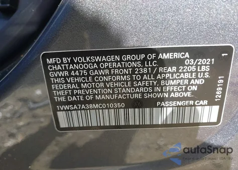 2021 Volkswagen Passat 2.0T Se z USA, uszkodzony, nr VIN 1VWSA7A38MC010350